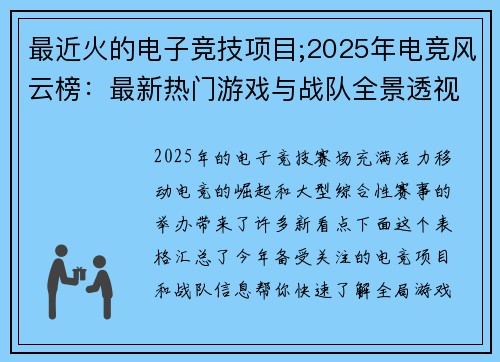 最近火的电子竞技项目;2025年电竞风云榜：最新热门游戏与战队全景透视