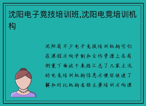 沈阳电子竞技培训班,沈阳电竞培训机构